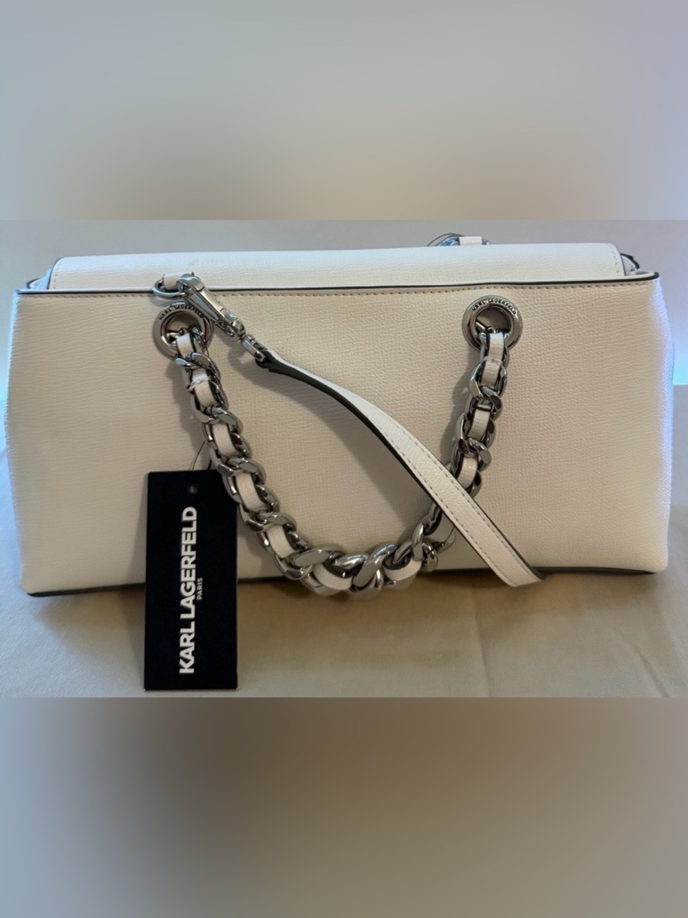 Karl Lagerfeld Cream White Floral Appliqué Heavy Chain Handles Shoulder Bag NWT - Picture 7 of 10